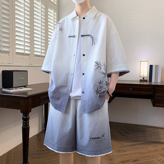 [WUSHE Series] ★Chinese style set up★ 3 colors Shirt + shorts Unisex Men's Large size Cool