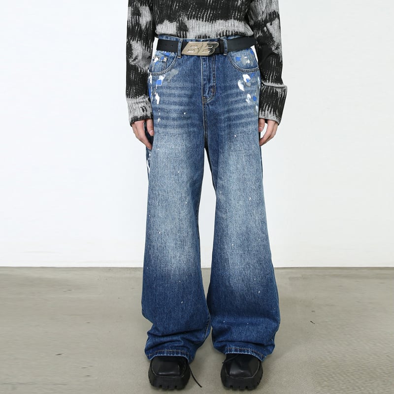 [M7 Series]★Denim Pants★ 2color Pants Bottoms Unisex Men's Graffiti Print Black Blue