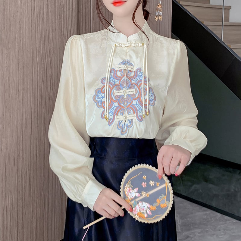 [Rin Le Series]★China-style tops★China-style shirt, women's, fringe, embroidery, cute, long-sleeved shirt