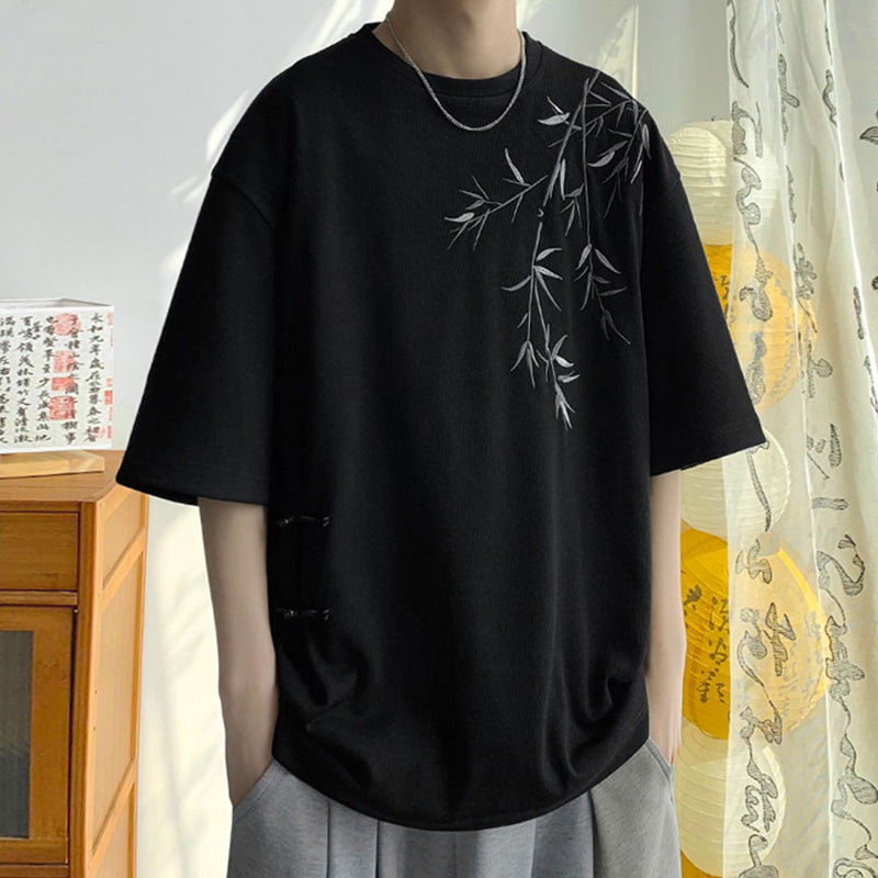 [BIGEMAN Series] ★China style tops★ 2color shirt, bamboo pattern, bamboo, short sleeves, unisex, men's, large size, black white