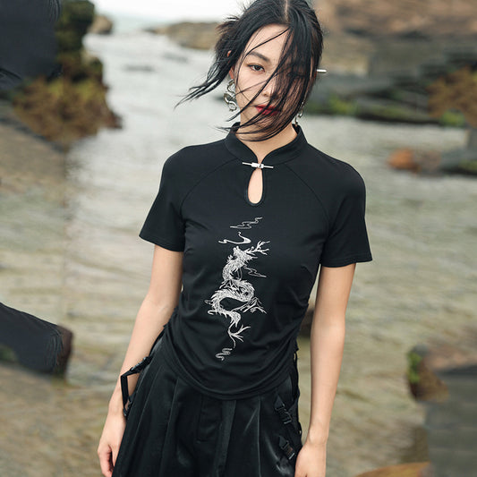 【大青龍肆シリーズ】★チャイナ風トップス★ Tシャツ 龍紋 中華服 ブラック 黒い 着痩せ 合わせやすい