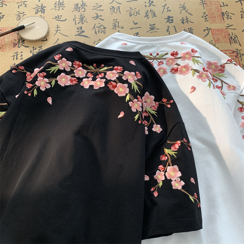 【Vesiboシリーズ】★チャイナ風トップス★ Tシャツ 半袖 刺繍 花柄 梅の花 男女兼用 メンズ ブラック ホワイト