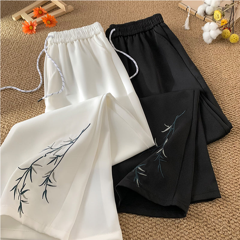 [KADISHOU Series] ★Chinese-style pants★ 2 colors Embroidered bamboo Casual pants Bottoms Unisex Men's Large size Black White