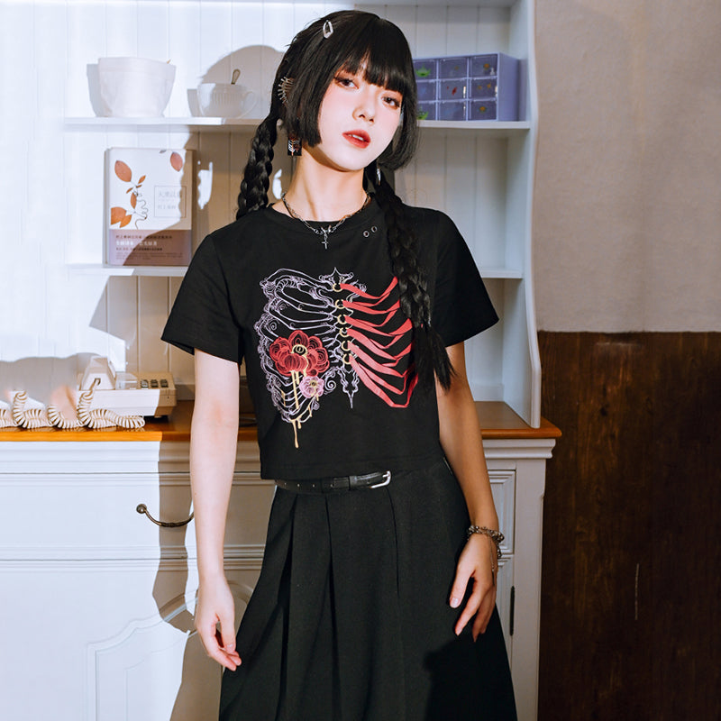 [Kogaesha---Flower Bone Series] ★Chinese-style tops★ 2 colors Short-sleeved T-shirt Print Unique Original Women's Black Red Gray