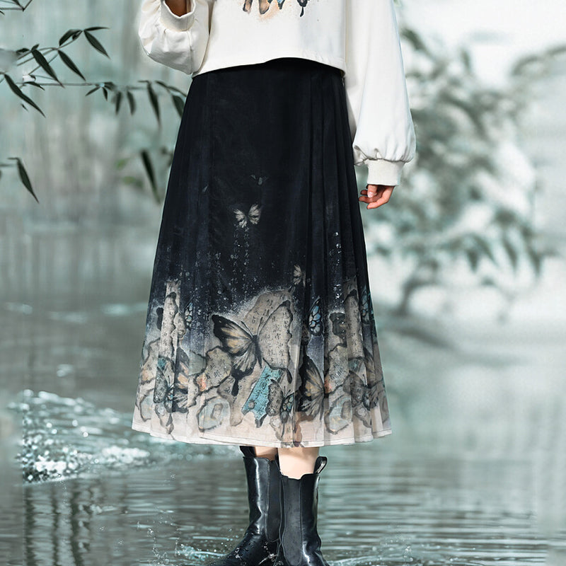 [Mori Onna Buraku Series] ★Chinese style skirt★ 2 types available Long length or short length Bottoms Butterfly Chinese clothing