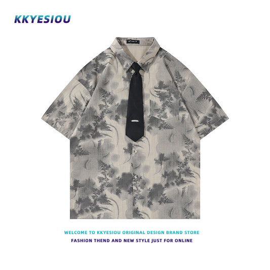 【KKYESIOUシリーズ】★チャイナ風トップス★ 2color ネクタイ付きシャツ 水墨柄 半袖シャツ 花柄 男女兼用 メンズ 個性的