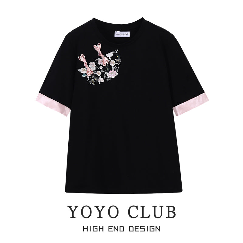 【YOYO CLUB系列】★中國風上衣★ T卹短袖刺繡黑色黑色復古可愛女士