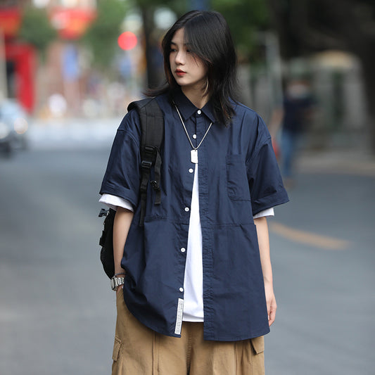 [JIWU series] ★Chinese style tops★ 2 colors Shirt Outerwear Short sleeve Denim Unisex Men's Casual Black Blue