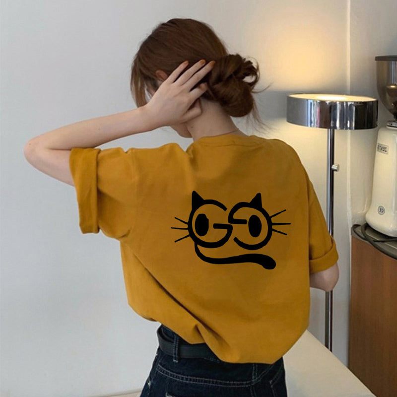 【SSHDJRシリーズ】★Tシャツ★ トップス 半袖 レディース 猫 ねこ ネコ カートゥーン イエロー