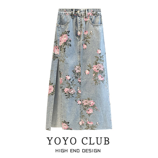 [YOYO CLUB Series] ★Skirt★ Bottoms Denim Skirt Floral Pattern Ladies Blue Blue Design Available