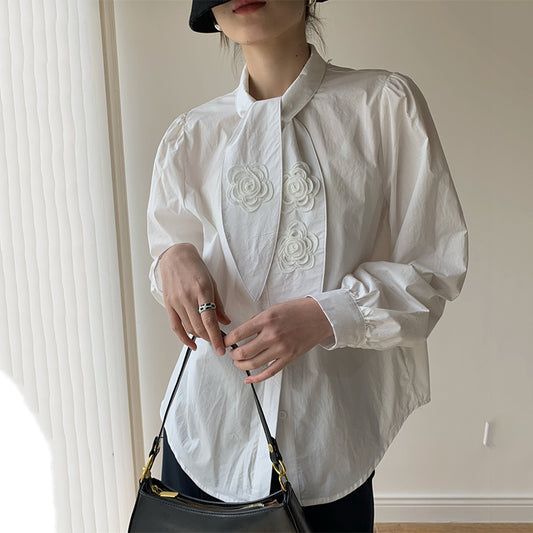 [AOWEN Series]★Shirt★ Tops Long Sleeve Shirt Women's Temperament Enhancement White White Rose Cute