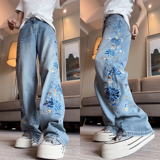 [OURI Series] ★Denim pants★ Trousers Bottoms Floral pattern Casual Easy to match Ladies Fashionable