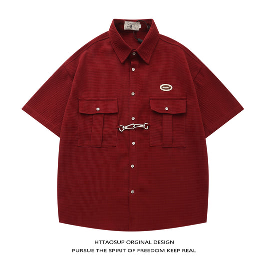 [HTTAOSUP Series]★Shirt★ 3color Tops Short Sleeve Shirt Unisex Men's Black Khaki Brown Wine Red