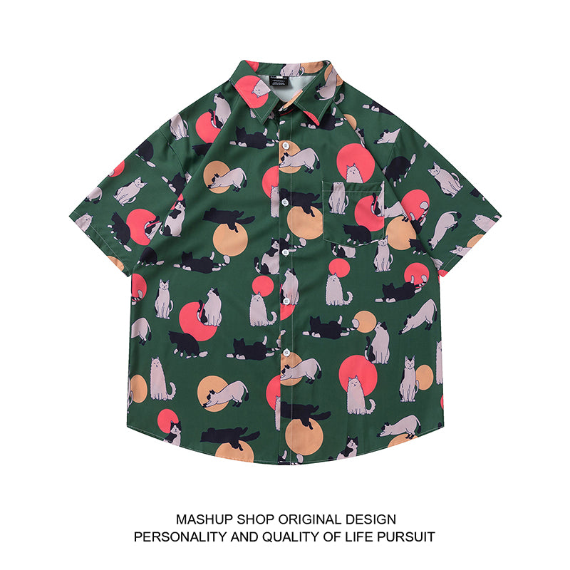 Very popular item [BEAT BOY series]★China style shirt★ Letter pattern Kanji short sleeve shirt Floral pattern shirt Print tops Unisex Men's ML XL 2XL