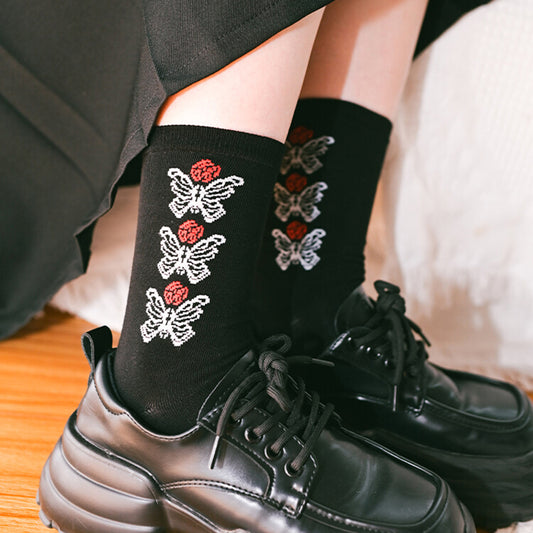 [Kogakusha---Flower Bone Series] ★Socks★ Chinese-style socks, cotton, butterfly print, easy to match, black