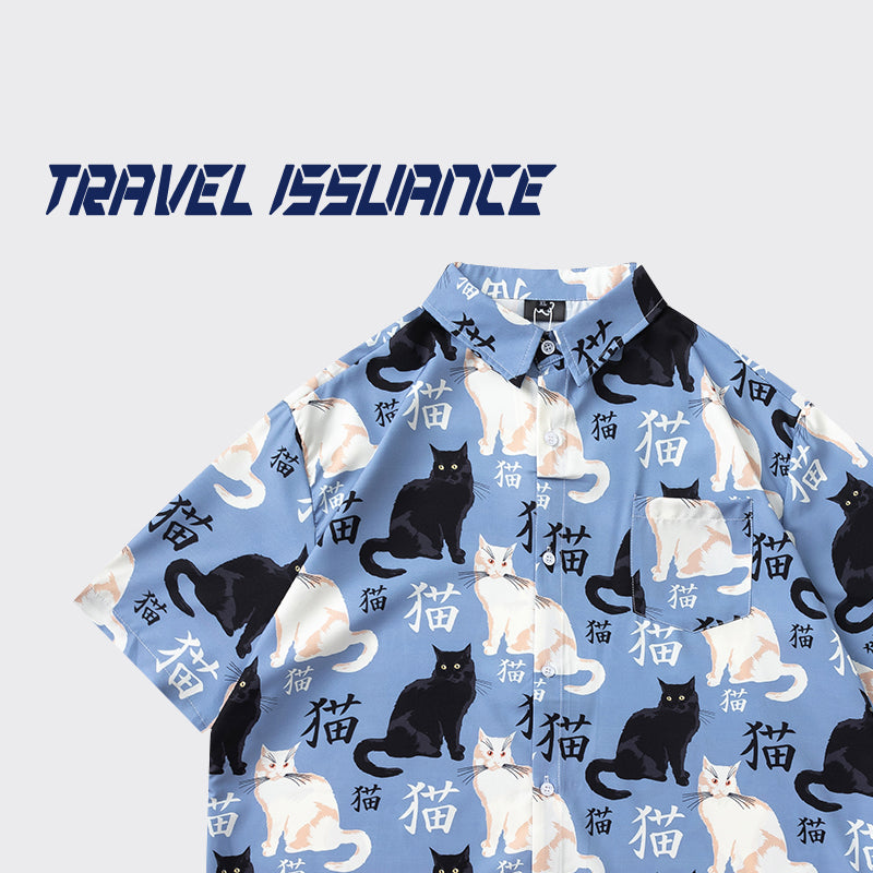 【TRAVEL ISSUANCEシリーズ】★シャツ★ 半袖シャツ トップス 猫 猫柄 ねこ ネコ 男女兼用 メンズ M L XL 2XL レディース 夏服 ブルー 青い