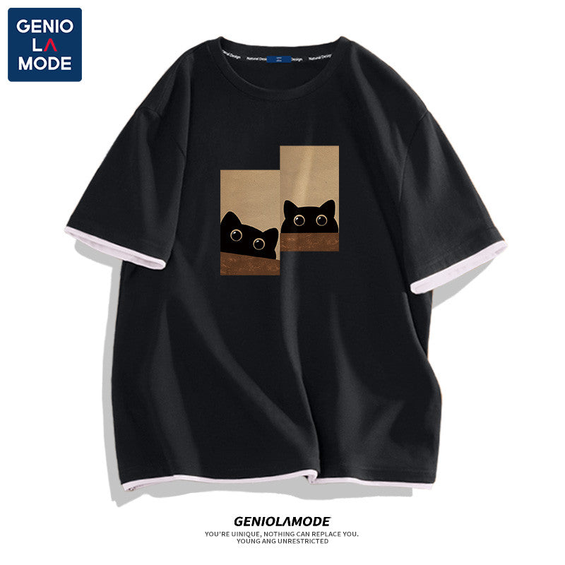 [GENIOLAMODE Series] ★T-shirt★ 4color Tops Short Sleeve Unisex Men's Large Size Cat Cat Cat Pattern Cotton