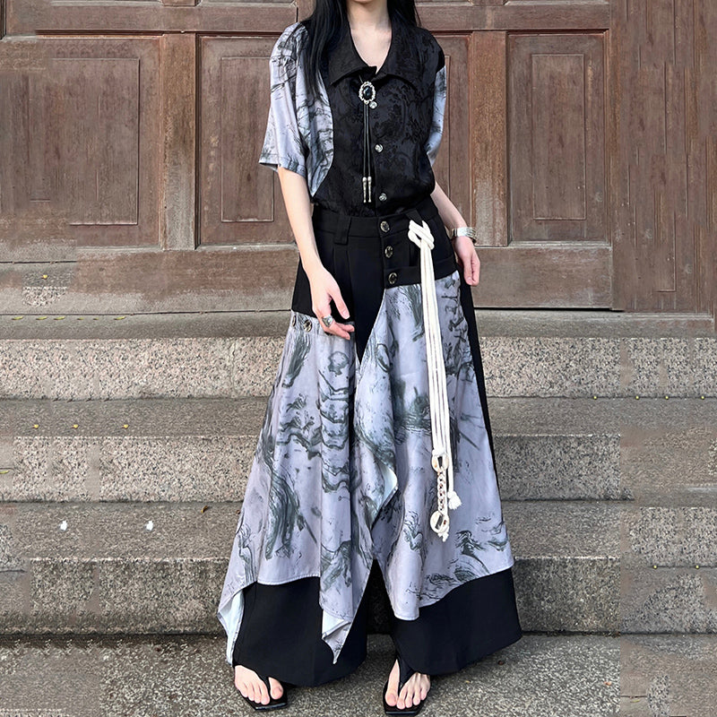 [Illustrated series]★China style pants★Bottoms China button black black unisex men's casual pants