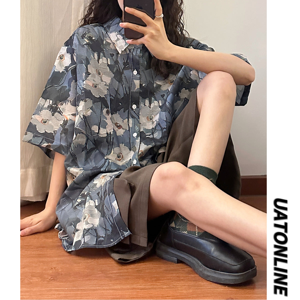 【UATONLINEシリーズ】★シャツ★ 花柄シャツ トップス 半袖シャツ 男女兼用 メンズ 合わせやすい ブルー 青い