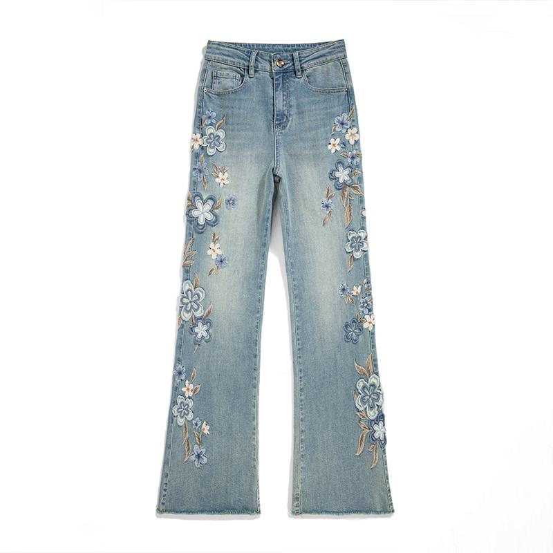 [OURI Series] ★Denim pants★ Trousers Bottoms Floral pattern Casual Easy to match Ladies Fashionable