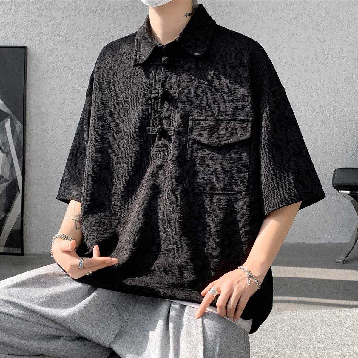 [BIGEMAN Series] ★China style tops★ 2color shirt, bamboo pattern, bamboo, short sleeves, unisex, men's, large size, black white