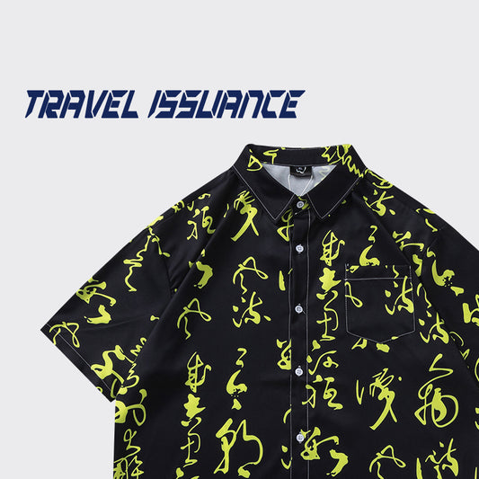 【TRAVEL ISSUANCEシリーズ】★チャイナ風トップス★ 半袖シャツ トップス 文字柄 男女兼用 メンズ M L XL 2XL 黒 夏服