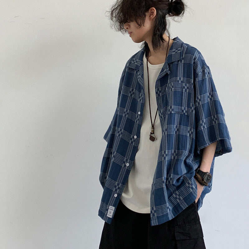 [JIWU series] ★Chinese style tops★ 2 colors Shirt Outerwear Short sleeve Denim Unisex Men's Casual Black Blue