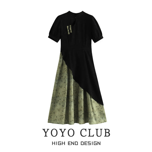 [YOYO CLUB Series] ★Chinese-style dress★ Chinese dress, fake layered, switching, large size, black, green