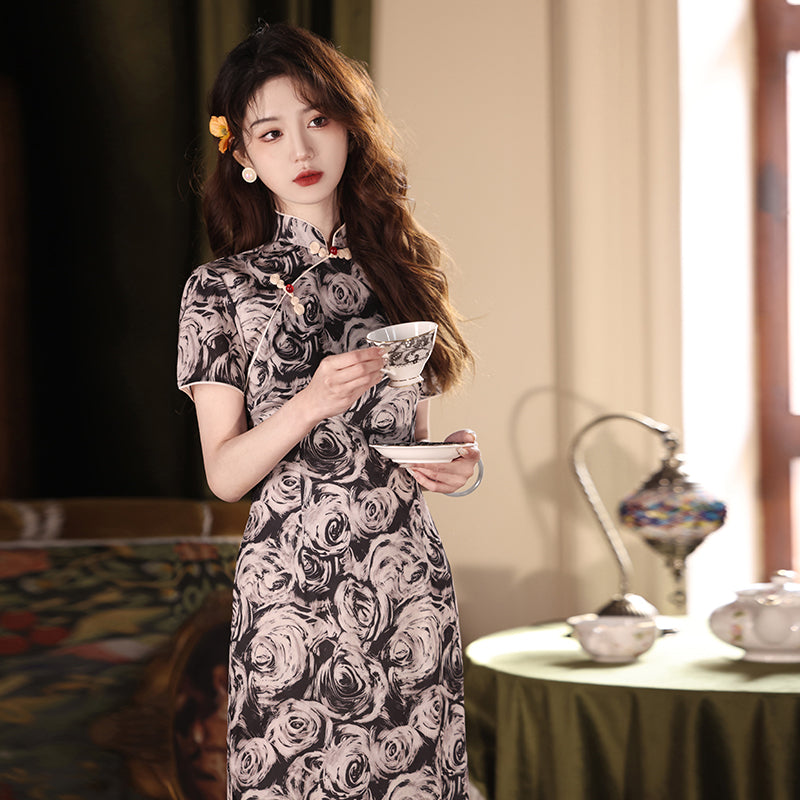 [HONGSHE Series] ★Chinese Dress★ Chinese-style dress, floral pattern, long length, short sleeves, slim, slimming, wedding, party