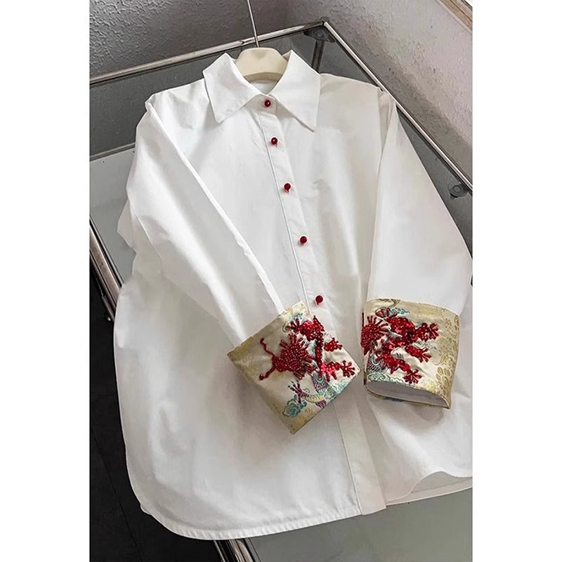 [XINJIAOQING Series]★China Style Shirt★ Embroidery Long Sleeve Shirt Tops Unisex Men's White White