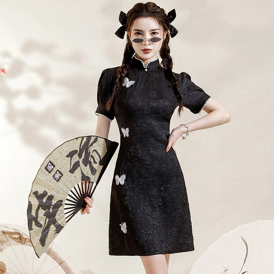 [HANYUNSHI Series]★Cheongsam dress★ Chinese style dress, short sleeves, short length, cute, butterfly