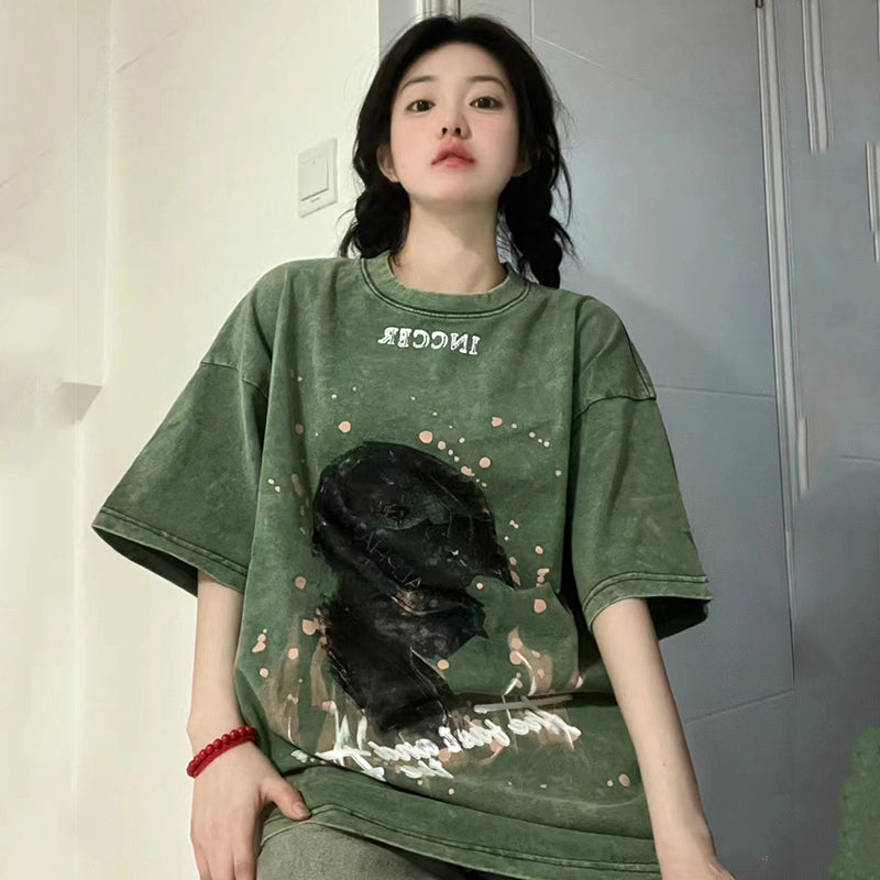 【FEIYUANSHENシリーズ】★Tシャツ★ 4color トップス 半袖 男女兼用 メンズ レトロ ブラック グリーン パープル ピンク