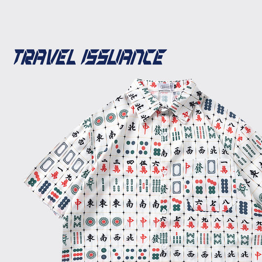 【TRAVEL ISSUANCEシリーズ】★シャツ★ 半袖シャツ トップス マージャン 文字柄 男女兼用 メンズ M L XL 2XL レディース 夏服