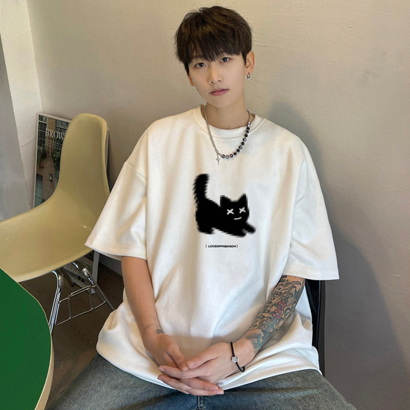 【NANSHIシリーズ】★Tシャツ★ 5color トップス 半袖 男女兼用 メンズ 大きいサイズ スエード 猫 猫柄 ねこ ネコ