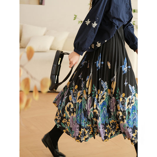 [XIAOER Series]★China style skirt★ 3color floral pattern skirt bottoms elastic waist, easy to match for commuting, dates