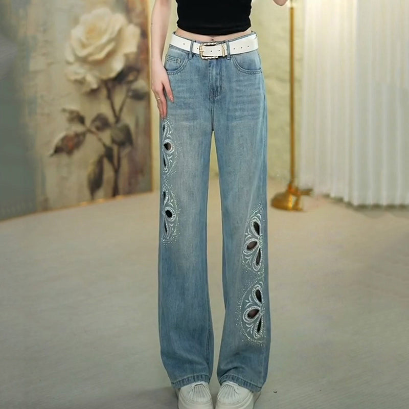 [OURI Series] ★Denim pants★ Trousers Bottoms Floral pattern Casual Easy to match Ladies Fashionable