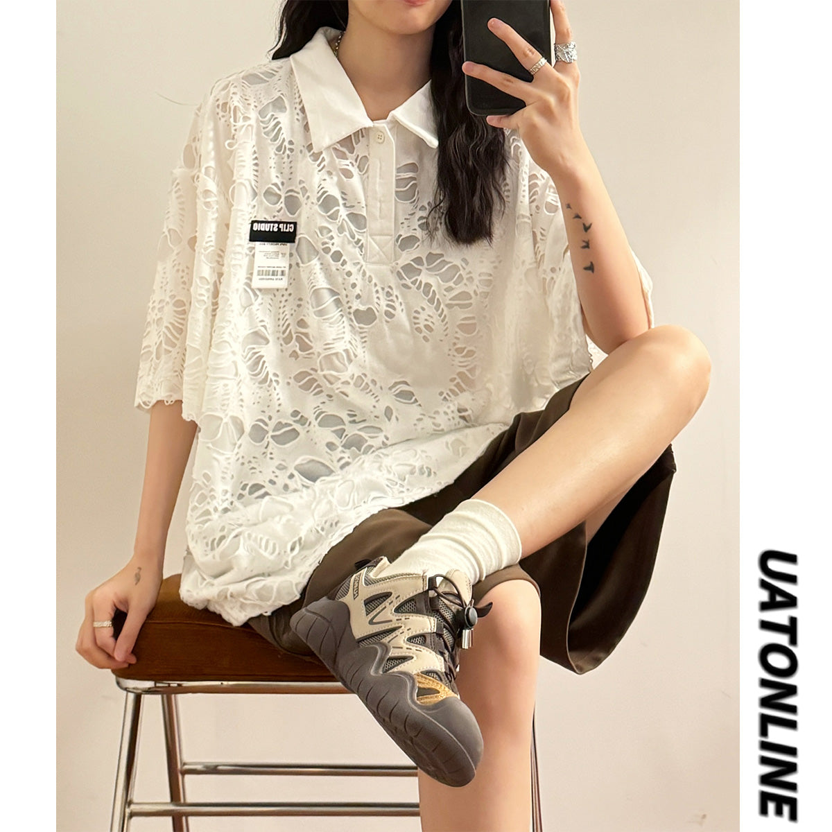 [UATONLINE Series] ★Shirt★ Tops, short sleeves, unisex, men's, openwork, floral pattern, summer clothing, loose fit