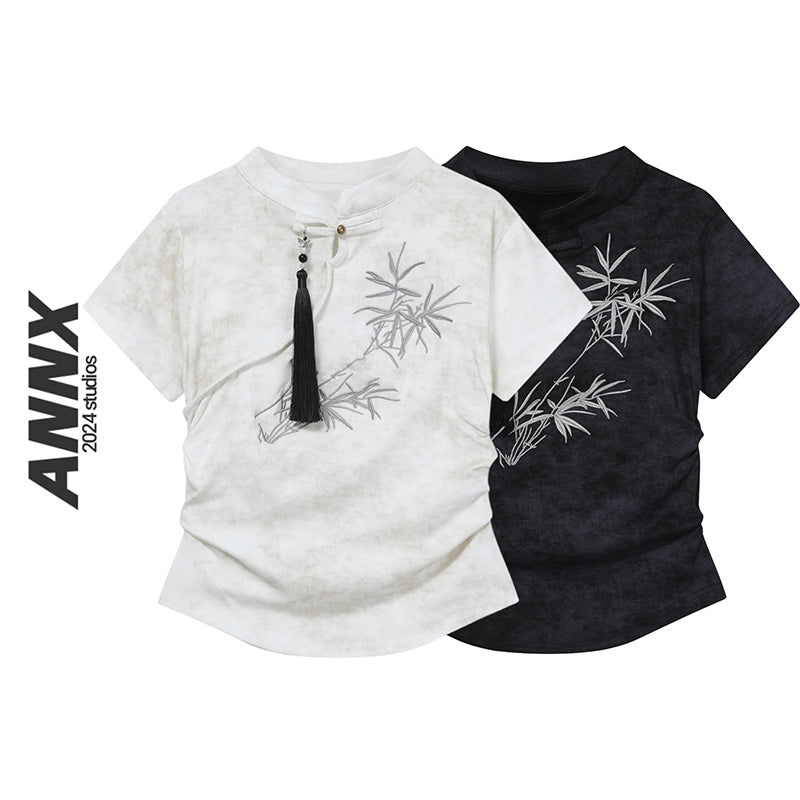 [ANNX Series]★Chinese T-shirt★ 2color Tops Women's Chinese Clothes Improves Temperament Embroidery Black White