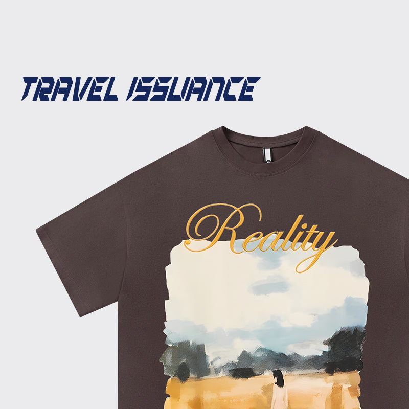 【TRAVEL ISSUANCEシリーズ】★Tシャツ★ 2color 半袖 コットン 油絵風 男女兼用 メンズ コットン 可愛い