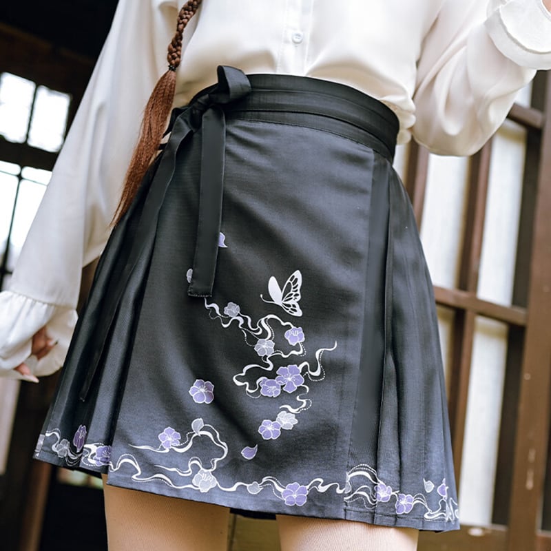 ✿New item! [Ancient monster house --- butterfly series] ★China style skirt★ Maki skirt bottoms short length black black Hanfu skirt