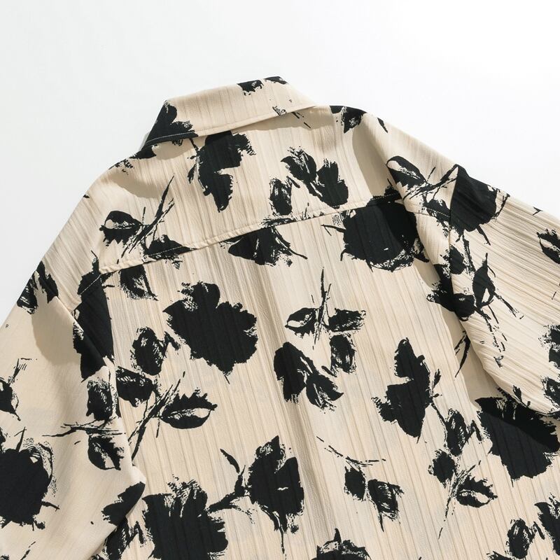 [LAOWANG Series]★Shirt★ 2color Long Sleeve Shirt Floral Shirt Tops Unisex Men's Black Apricot