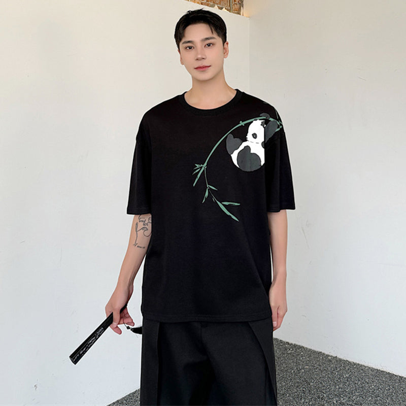 [ZHUIYI series] ★Chinese style tops★ 2color T-shirt, short sleeve, bamboo, bamboo pattern, panda, men's, casual, black, white