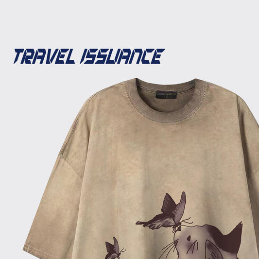 【TRAVEL ISSUANCEシリーズ】★Tシャツ★ 2color トップス 半袖 男女兼用 メンズ 猫 ネコ ねこ レトロ カジュアル