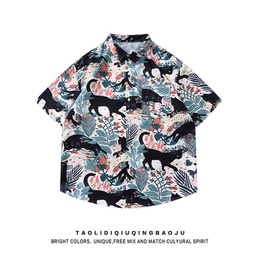 Very popular item [BEAT BOY series]★China style shirt★ Letter pattern Kanji short sleeve shirt Floral pattern shirt Print tops Unisex Men's ML XL 2XL