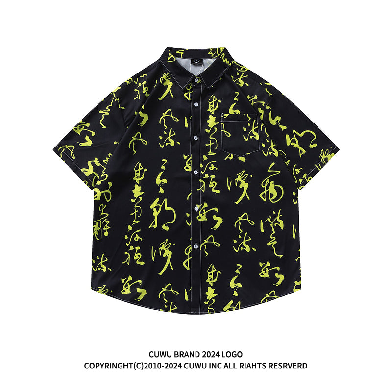 Very popular item [BEAT BOY series]★China style shirt★ Letter pattern Kanji short sleeve shirt Floral pattern shirt Print tops Unisex Men's ML XL 2XL