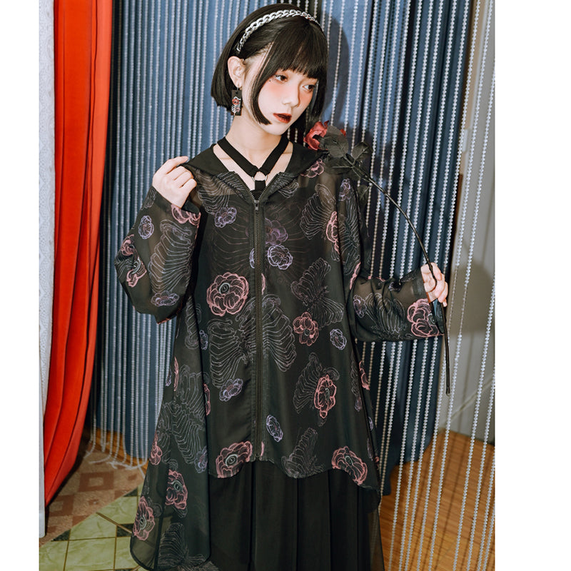 [Kogaisha---Flower Bone Series] ★Chinese-style outerwear★ Thin outerwear, sun protection, sheer, floral pattern, comes with hat