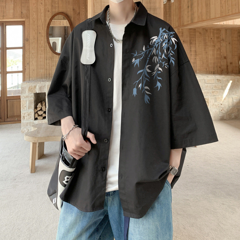 [BIGEMAN Series] ★China style tops★ 2color shirt, bamboo pattern, bamboo, short sleeves, unisex, men's, large size, black white