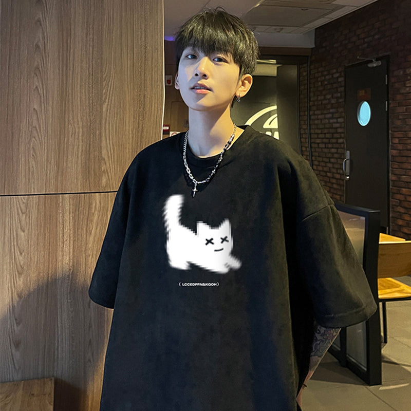 【NANSHIシリーズ】★Tシャツ★ 5color トップス 半袖 男女兼用 メンズ 大きいサイズ スエード 猫 猫柄 ねこ ネコ