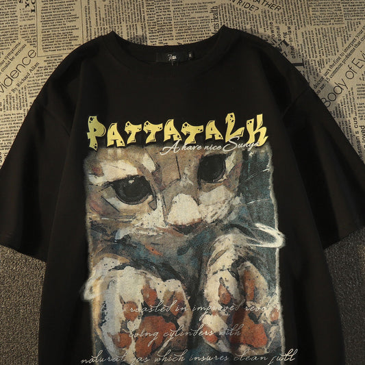 [SCS Series]★T-shirt★ 2color Tops Short Sleeve Unisex Men's Large Size Cotton Cat Cat Cat