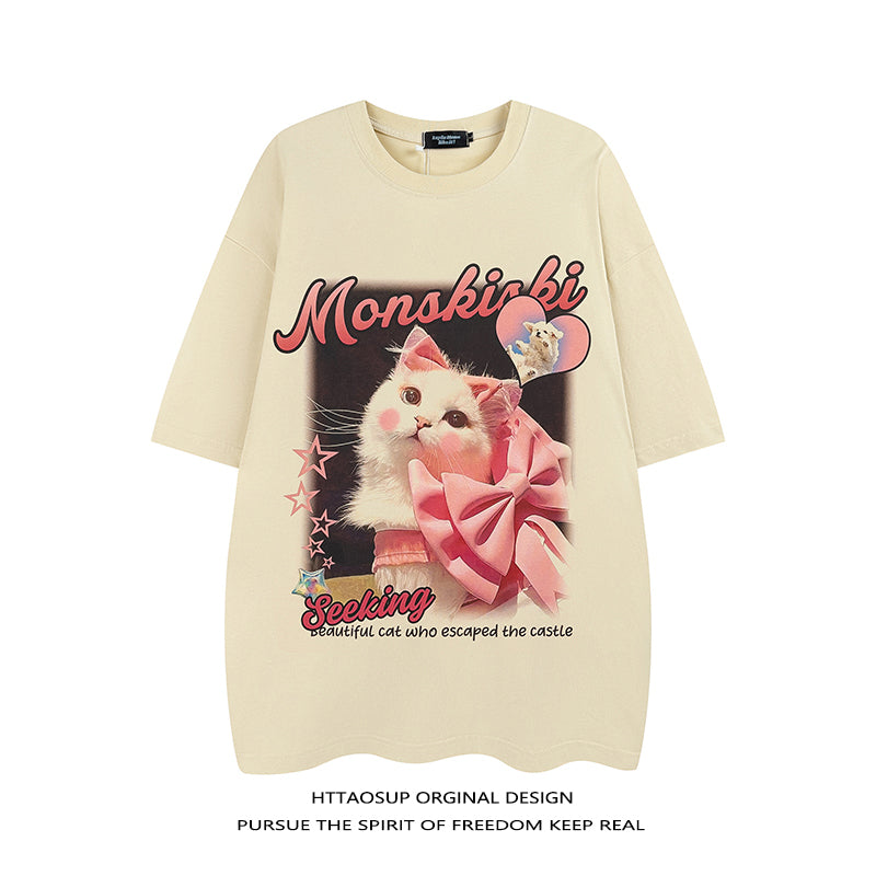 【HTTAOSUPシリーズ】★Tシャツ★ 3color トップス 半袖 レディース 男女兼用 メンズ コットン 猫 ねこ ネコ 猫柄